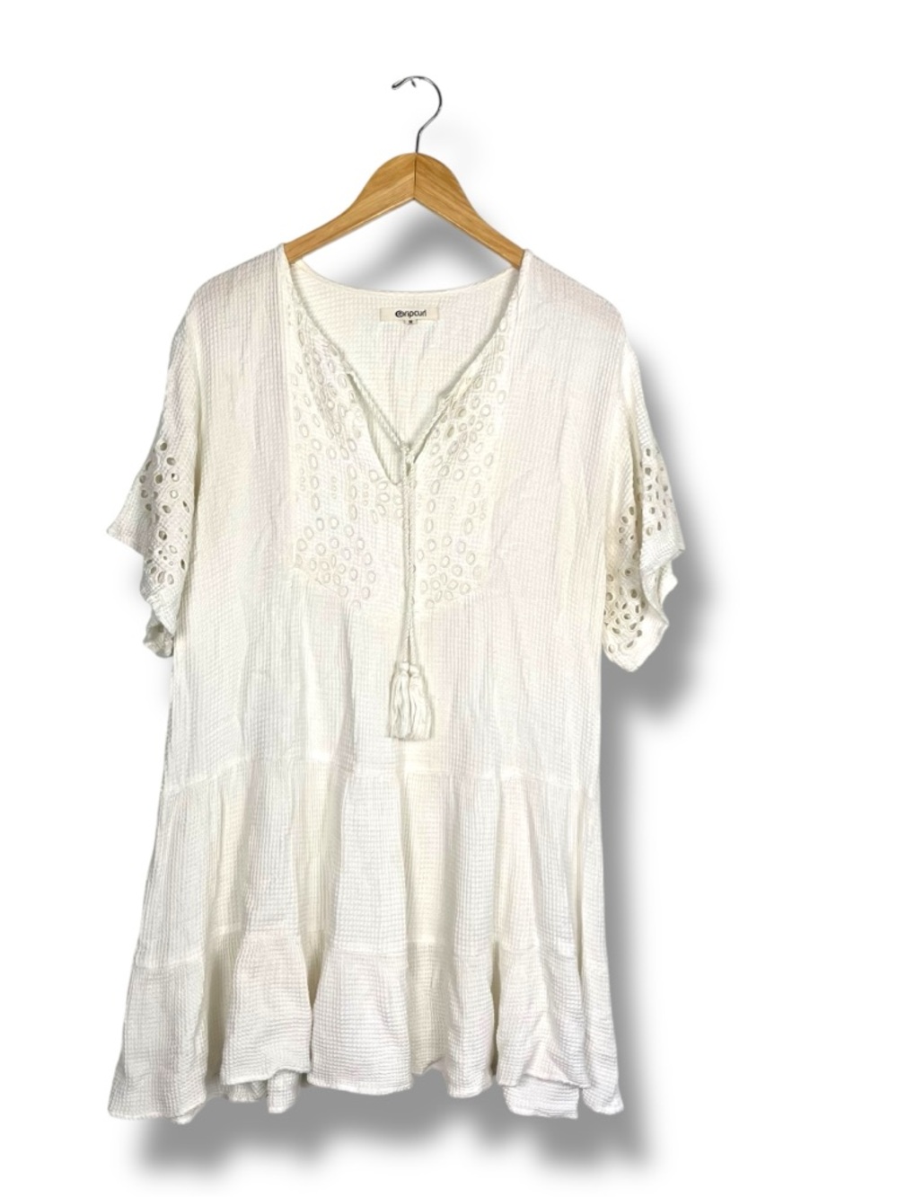 Rip Curl Waffle Knit Eyelet Tassel Dress Cover Up White M Babydoll Tiered Surfer